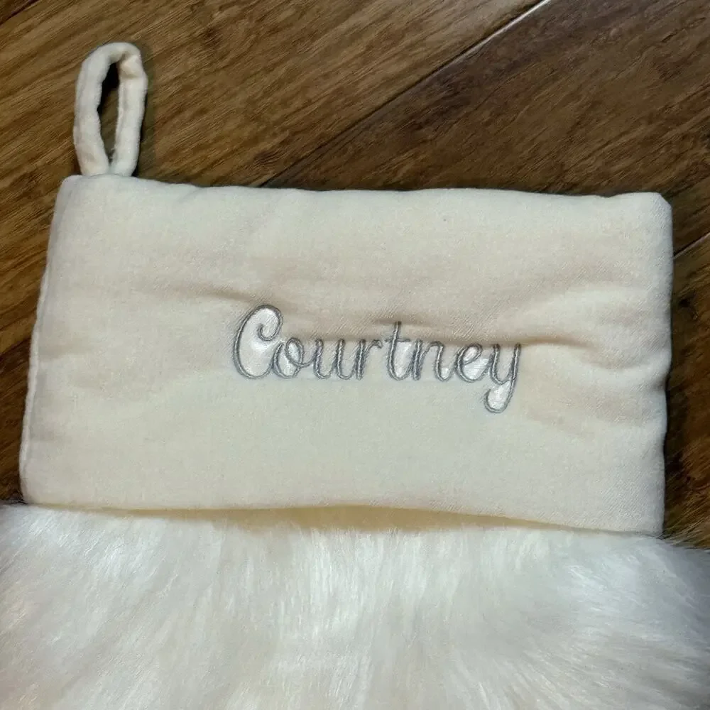 Pottery Barn Faux Fur Fox Ivory Velvet Christmas Stocking Embroidered Courtney - Picture 2 of 9